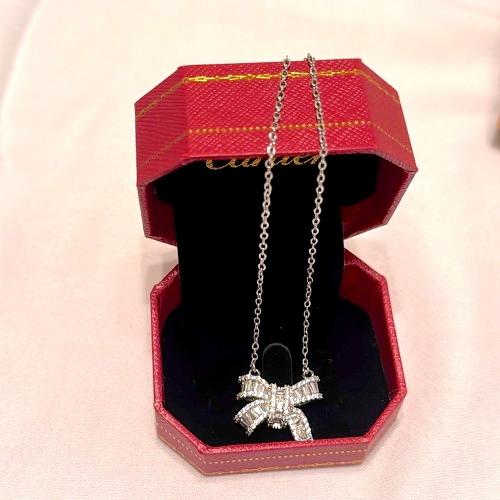 Bow Necklace - Diamond Crystals & Silver Chain